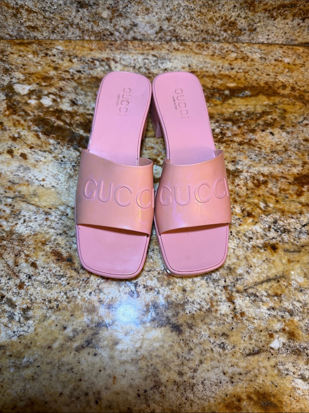 Gucci Pink Logo Slide Mules pastel pink